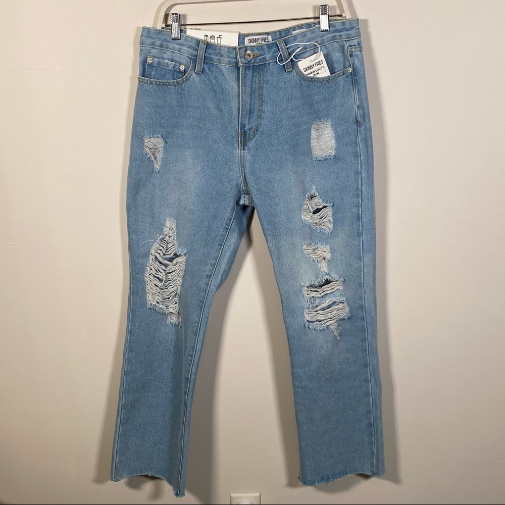 Skinny Fries Denim 
Straight Fit Distressed ankle jeans light wash blue 13 New